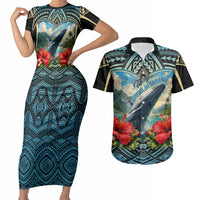 Personalized Masefau American Samoa Whale Couples Matching Short Sleeve Bodycon Dress and Hawaiian Shirt Polynesian Tribal Pattern Tropical Hibiscus TS04 Black Blue - Polynesian Pride