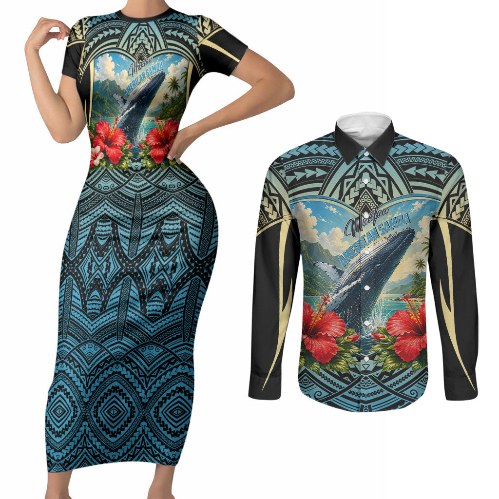 Personalized Masefau American Samoa Whale Couples Matching Short Sleeve Bodycon Dress and Long Sleeve Button Shirt Polynesian Tribal Pattern Tropical Hibiscus