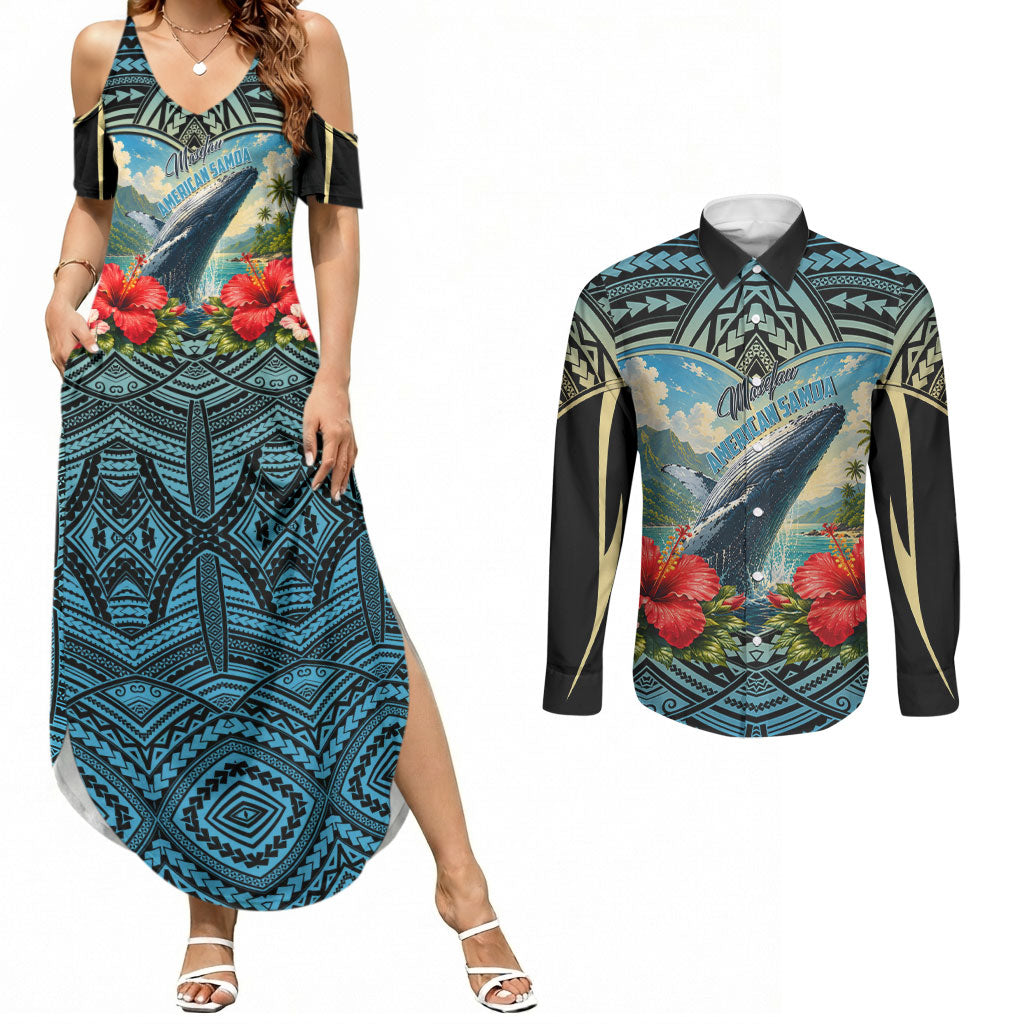 Personalized Masefau American Samoa Whale Couples Matching Summer Maxi Dress and Long Sleeve Button Shirt Polynesian Tribal Pattern Tropical Hibiscus TS04 Black Blue - Polynesian Pride