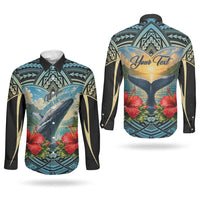 Personalized Masefau American Samoa Whale Couples Matching Tank Maxi Dress and Long Sleeve Button Shirt Polynesian Tribal Pattern Tropical Hibiscus