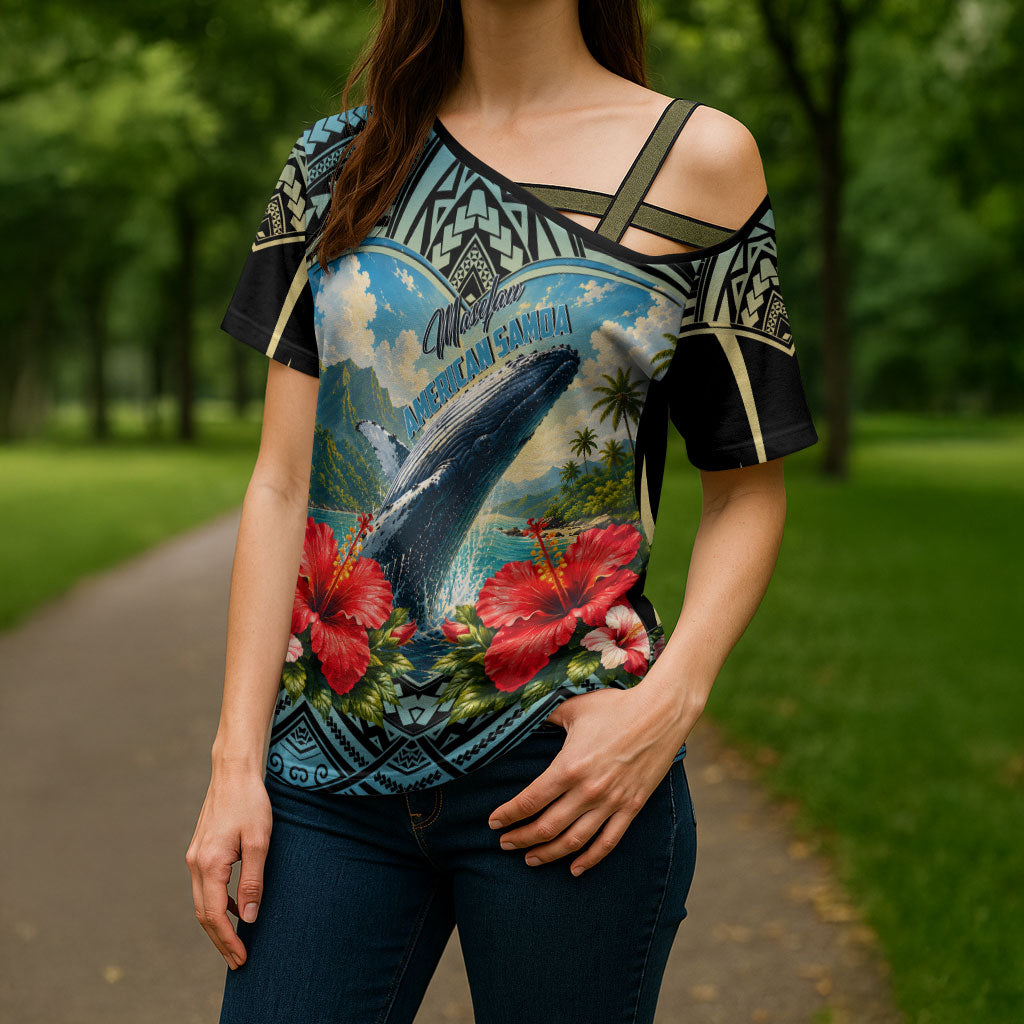 Personalized Masefau American Samoa Whale Cross Shoulder Shirt Polynesian Tribal Pattern Tropical Hibiscus