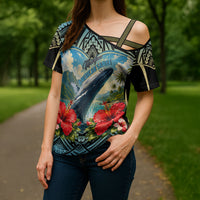 Personalized Masefau American Samoa Whale Cross Shoulder Shirt Polynesian Tribal Pattern Tropical Hibiscus