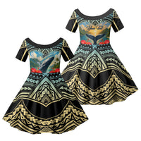 Personalized Masefau American Samoa Whale Family Matching Long Sleeve Bodycon Dress and Hawaiian Shirt Polynesian Tribal Pattern Tropical Hibiscus TS04 Daughter's Dress Black Blue - Polynesian Pride