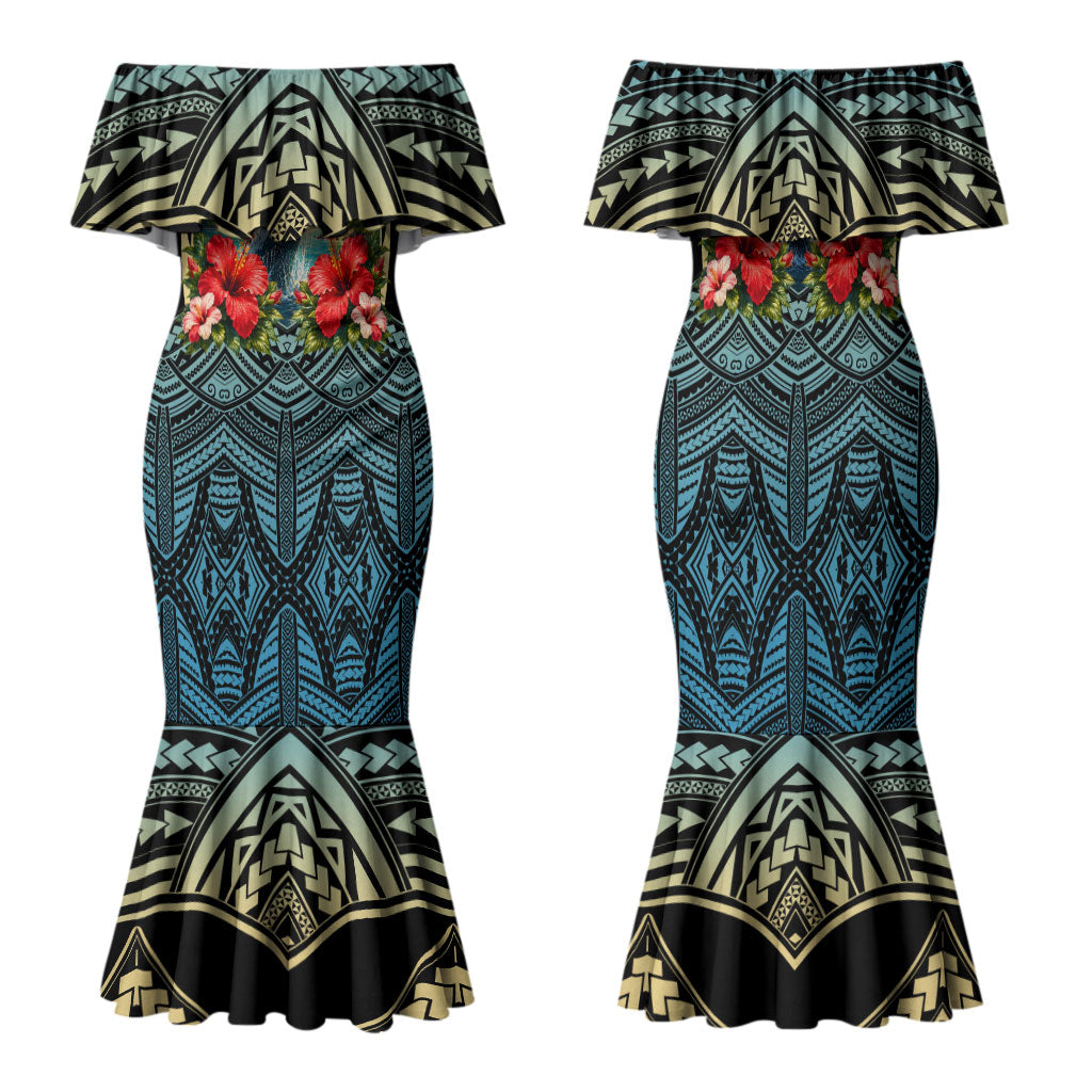 Personalized Masefau American Samoa Whale Family Matching Mermaid Dress and Hawaiian Shirt Polynesian Tribal Pattern Tropical Hibiscus TS04 Mom's Dress Black Blue - Polynesian Pride
