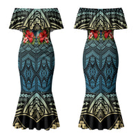 Personalized Masefau American Samoa Whale Family Matching Mermaid Dress and Hawaiian Shirt Polynesian Tribal Pattern Tropical Hibiscus TS04 Mom's Dress Black Blue - Polynesian Pride