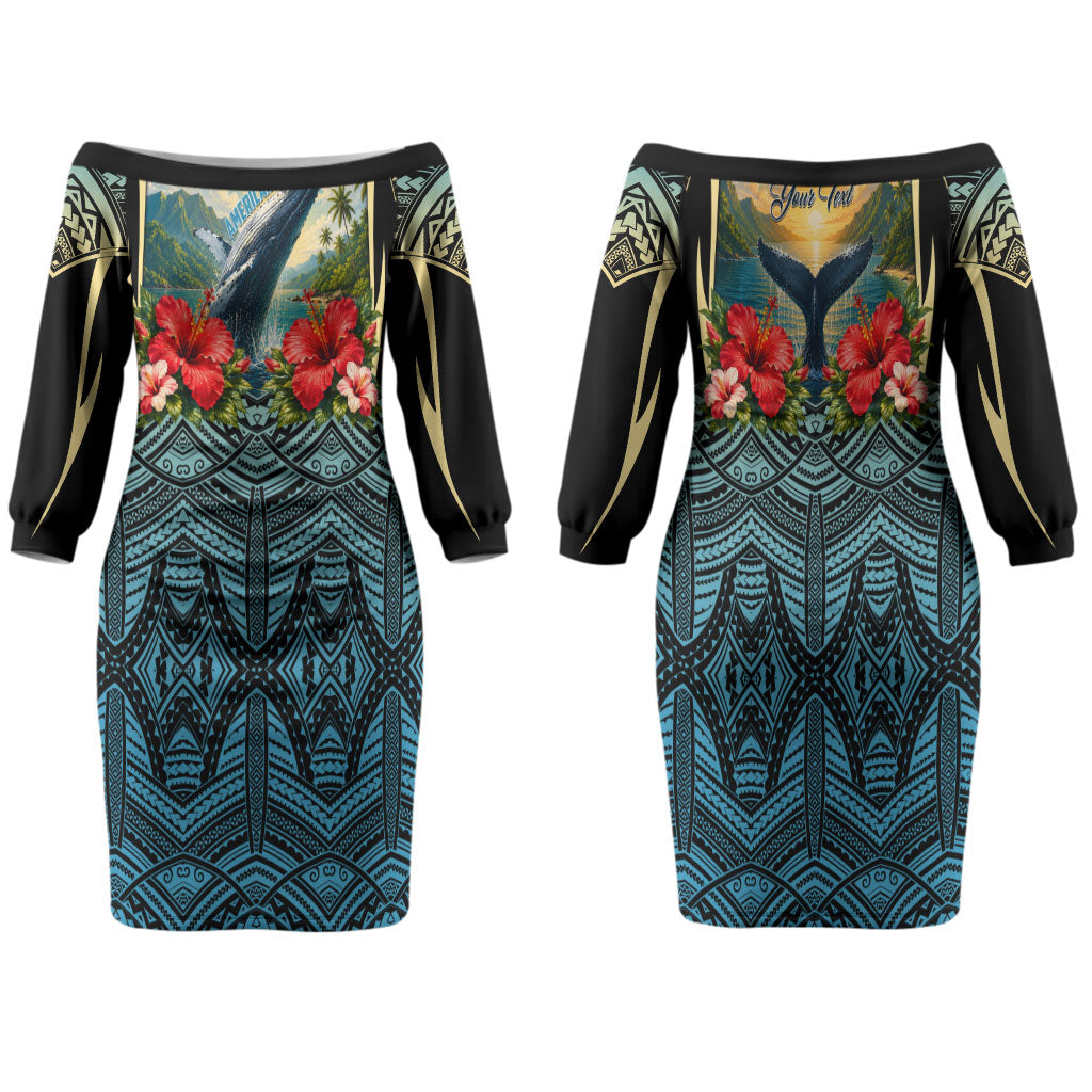 Personalized Masefau American Samoa Whale Family Matching Off The Shoulder Long Sleeve Dress and Hawaiian Shirt Polynesian Tribal Pattern Tropical Hibiscus TS04 Mom's Dress Black Blue - Polynesian Pride