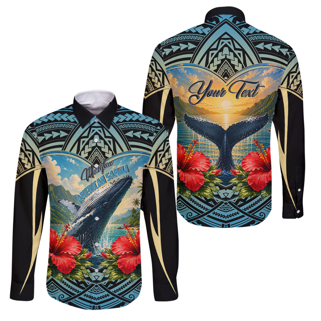Personalized Masefau American Samoa Whale Family Matching Off The Shoulder Long Sleeve Dress and Hawaiian Shirt Polynesian Tribal Pattern Tropical Hibiscus TS04 Dad's Shirt - Long Sleeve Black Blue - Polynesian Pride