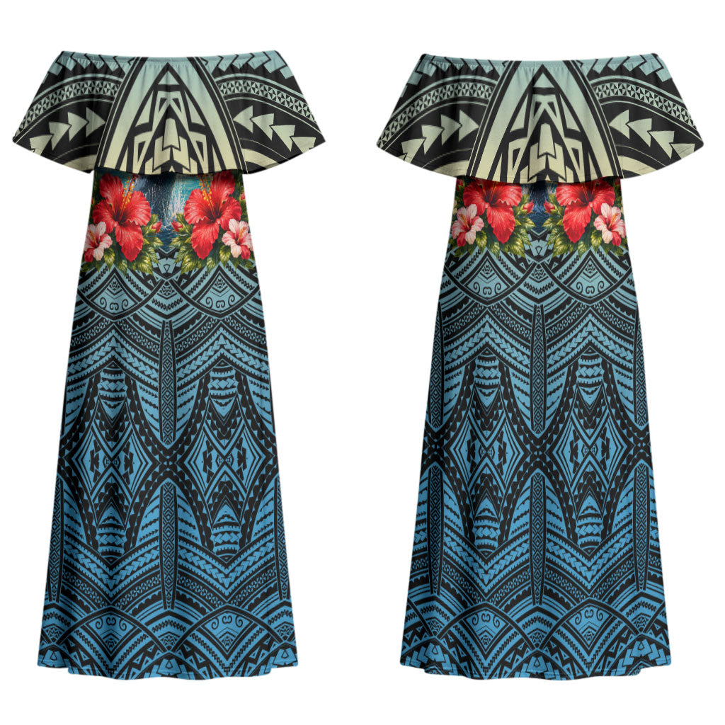 Personalized Masefau American Samoa Whale Family Matching Off Shoulder Maxi Dress and Hawaiian Shirt Polynesian Tribal Pattern Tropical Hibiscus