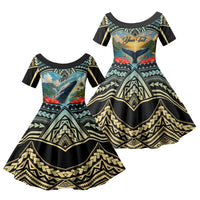 Personalized Masefau American Samoa Whale Family Matching Off Shoulder Maxi Dress and Hawaiian Shirt Polynesian Tribal Pattern Tropical Hibiscus