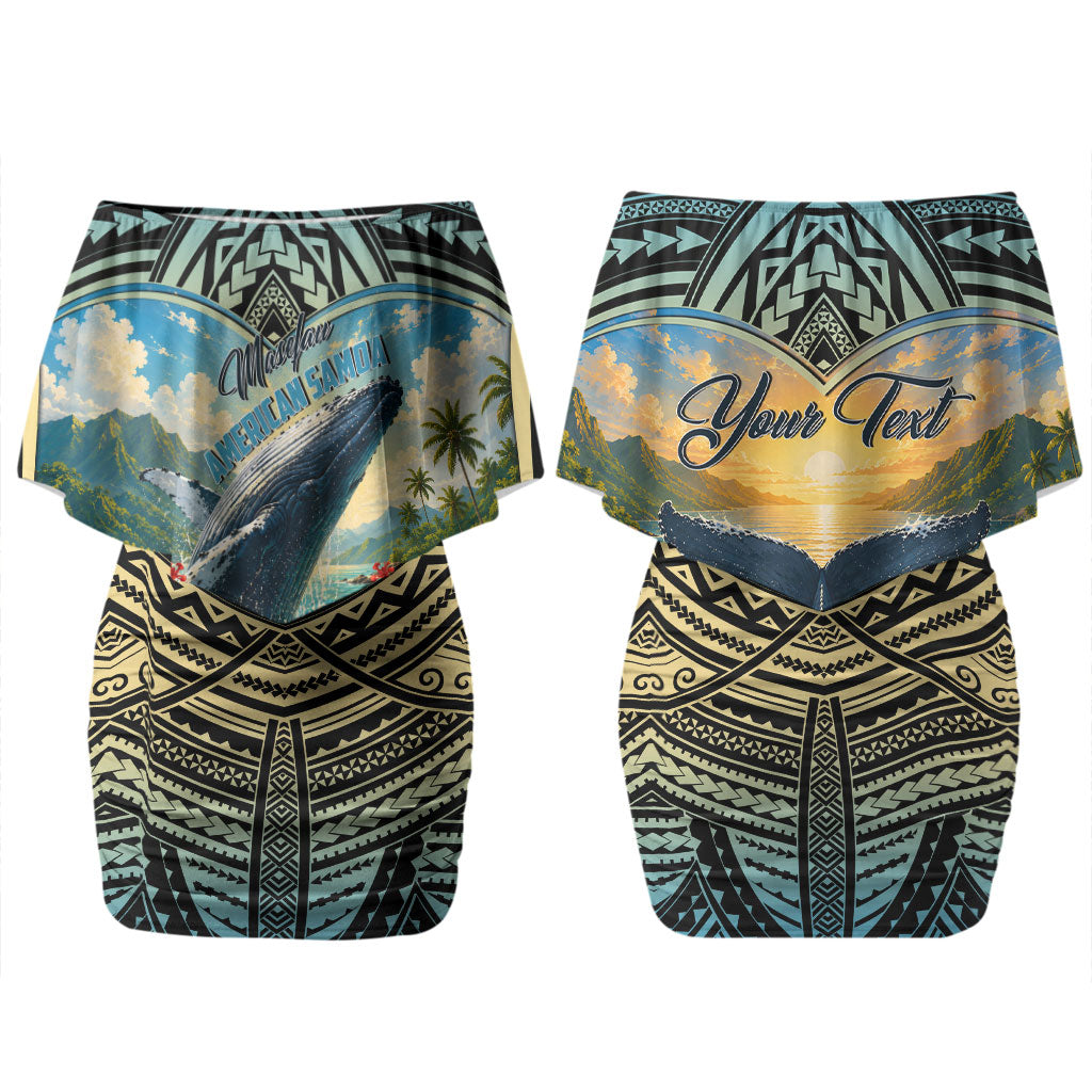 Personalized Masefau American Samoa Whale Family Matching Off Shoulder Short Dress and Hawaiian Shirt Polynesian Tribal Pattern Tropical Hibiscus TS04 Mom's Dress Black Blue - Polynesian Pride