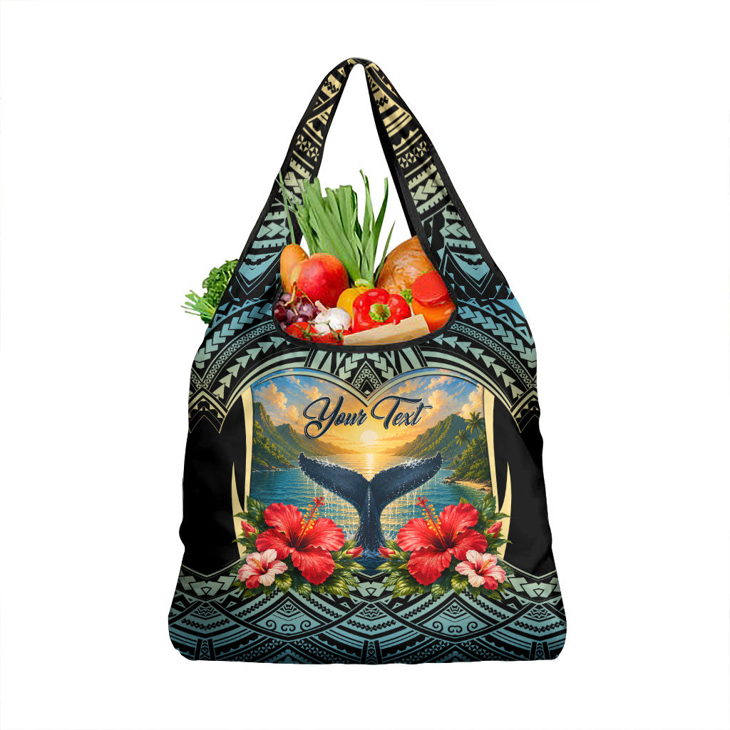 Personalized Masefau American Samoa Whale Grocery Bag Polynesian Tribal Pattern Tropical Hibiscus