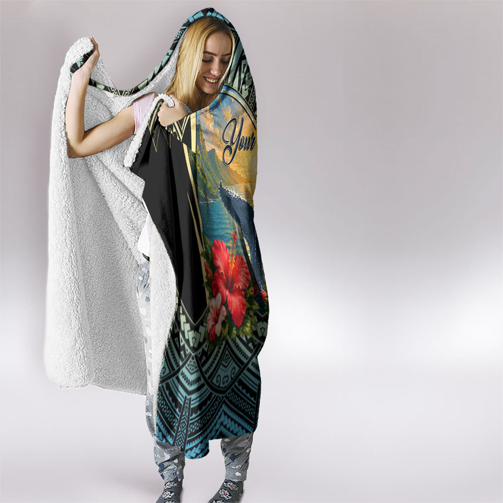 Personalized Masefau American Samoa Whale Hooded Blanket Polynesian Tribal Pattern Tropical Hibiscus