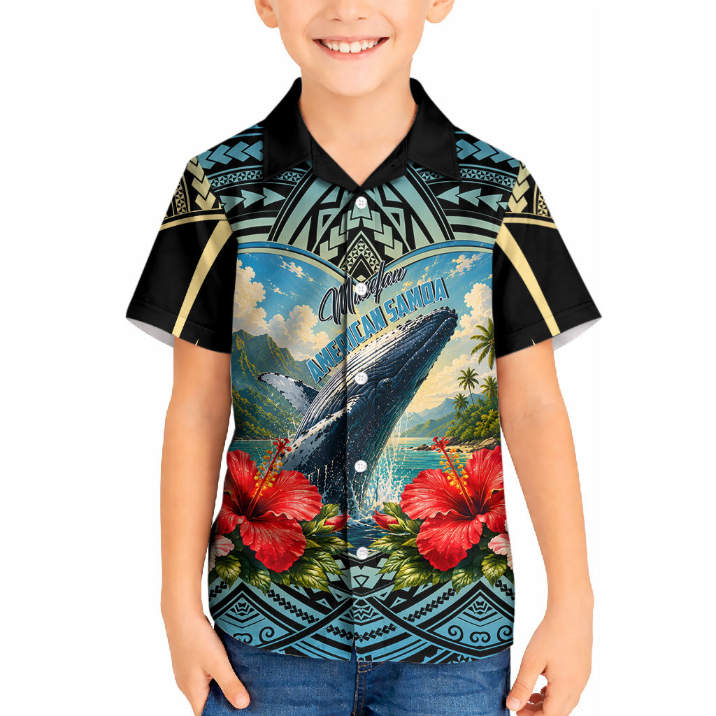 Personalized Masefau American Samoa Whale Kid Hawaiian Shirt Polynesian Tribal Pattern Tropical Hibiscus