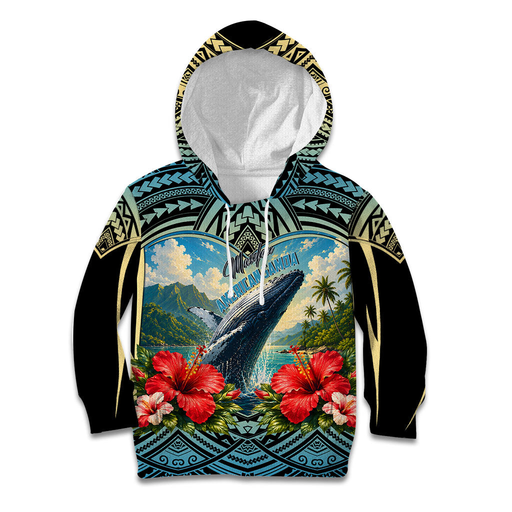 Personalized Masefau American Samoa Whale Kid Hoodie Polynesian Tribal Pattern Tropical Hibiscus