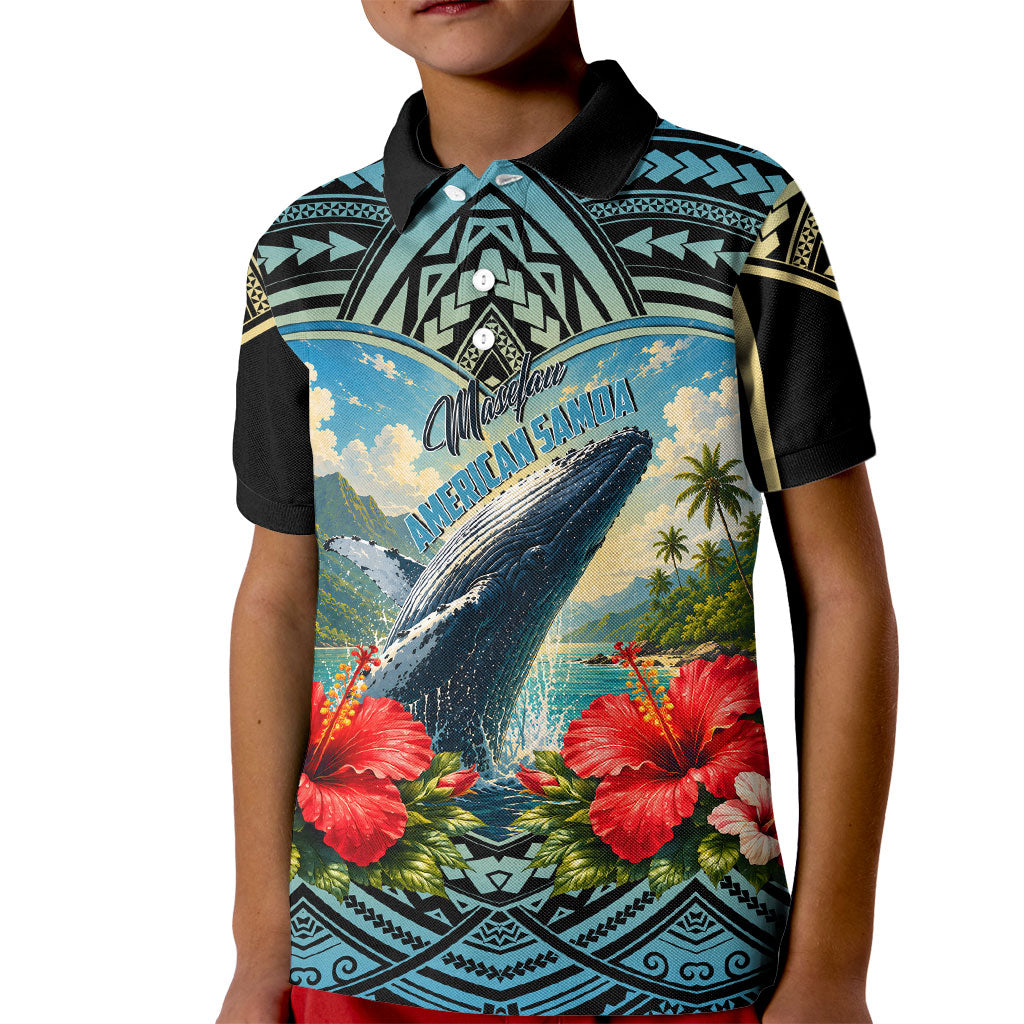Personalized Masefau American Samoa Whale Kid Polo Shirt Polynesian Tribal Pattern Tropical Hibiscus