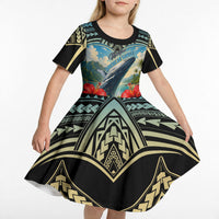 Personalized Masefau American Samoa Whale Kid Short Sleeve Dress Polynesian Tribal Pattern Tropical Hibiscus