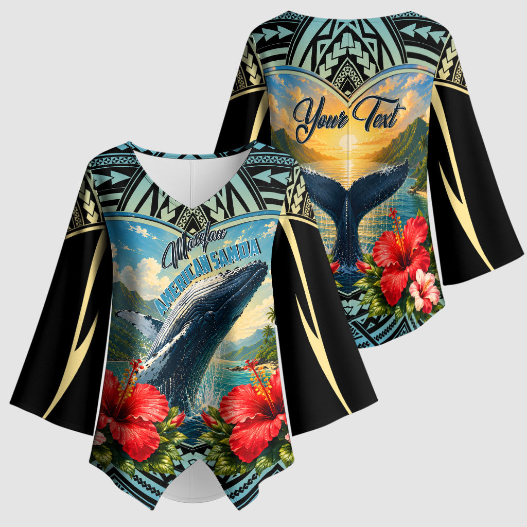 Personalized Masefau American Samoa Whale Kimono Sleeve Blouse Polynesian Tribal Pattern Tropical Hibiscus