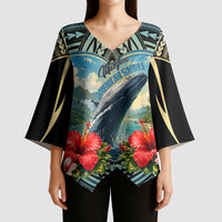 Personalized Masefau American Samoa Whale Kimono Sleeve Blouse Polynesian Tribal Pattern Tropical Hibiscus