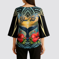 Personalized Masefau American Samoa Whale Kimono Sleeve Blouse Polynesian Tribal Pattern Tropical Hibiscus