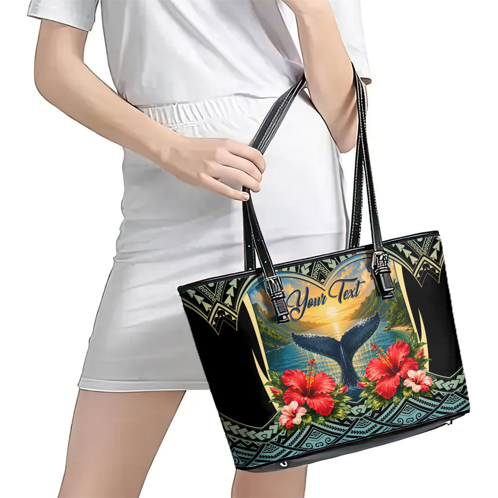 Personalized Masefau American Samoa Whale Leather Tote Bag Polynesian Tribal Pattern Tropical Hibiscus