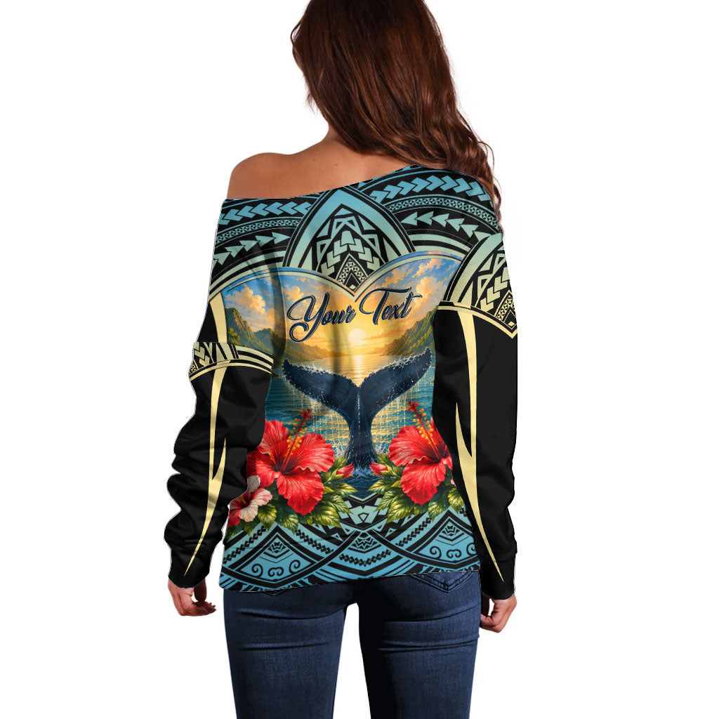 Personalized Masefau American Samoa Whale Off Shoulder Sweater Polynesian Tribal Pattern Tropical Hibiscus