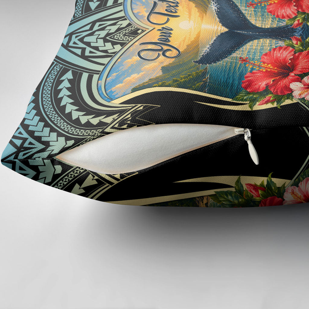 Personalized Masefau American Samoa Whale Pillow Cover Polynesian Tribal Pattern Tropical Hibiscus