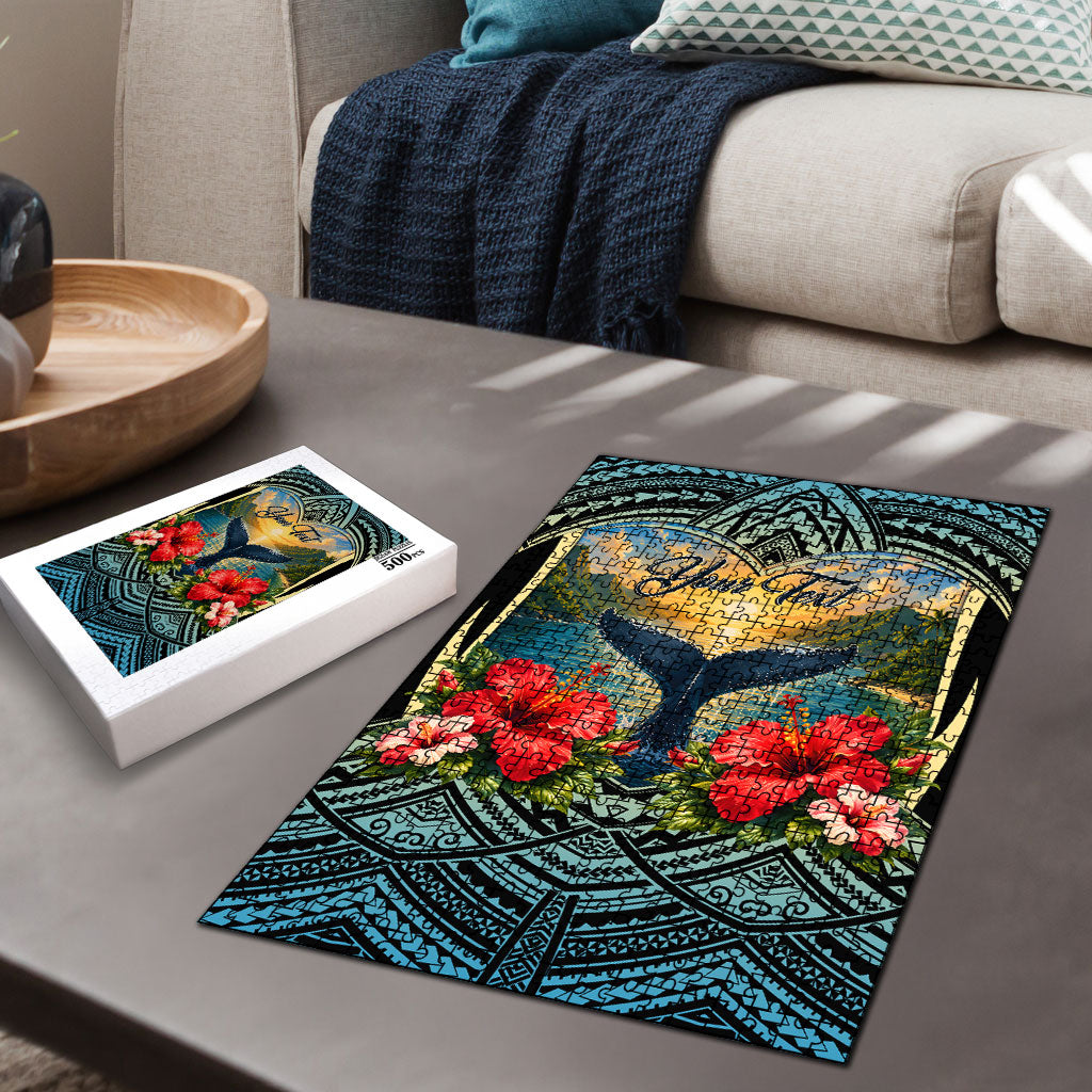 Personalized Masefau American Samoa Whale Puzzle Polynesian Tribal Pattern Tropical Hibiscus