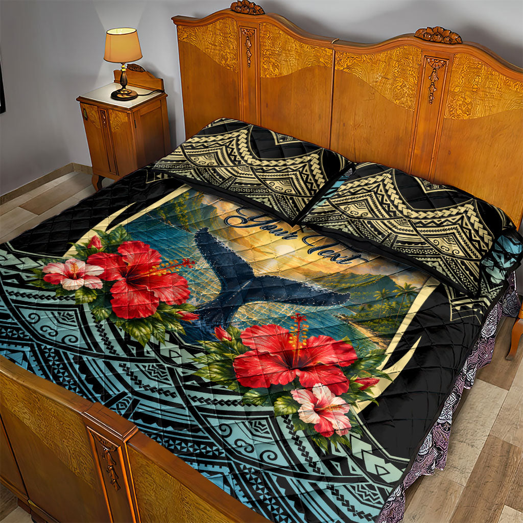 Personalized Masefau American Samoa Whale Quilt Bed Set Polynesian Tribal Pattern Tropical Hibiscus