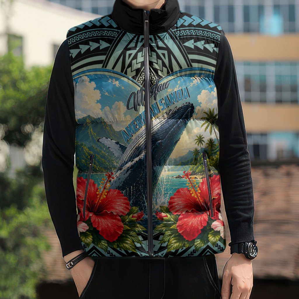 Personalized Masefau American Samoa Whale Sleeveless Puffer Jacket Polynesian Tribal Pattern Tropical Hibiscus