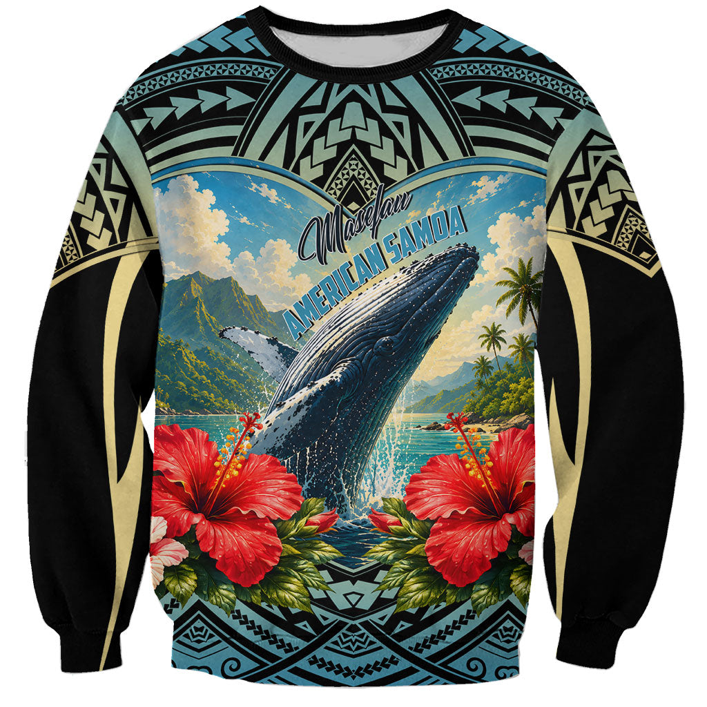 Personalized Masefau American Samoa Whale Sweatshirt Polynesian Tribal Pattern Tropical Hibiscus