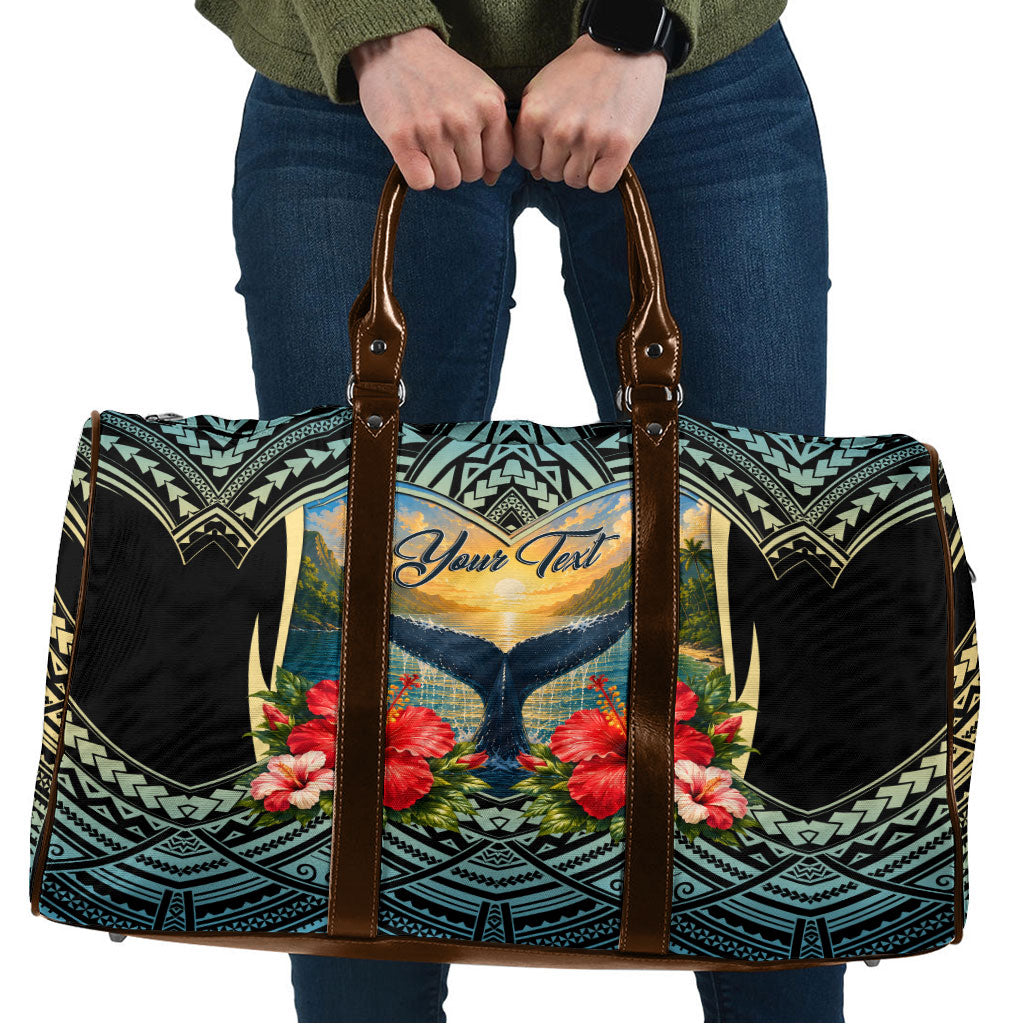 Personalized Masefau American Samoa Whale Travel Bag Polynesian Tribal Pattern Tropical Hibiscus
