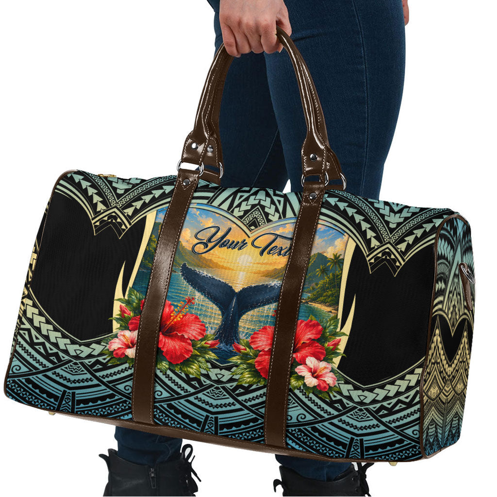 Personalized Masefau American Samoa Whale Travel Bag Polynesian Tribal Pattern Tropical Hibiscus