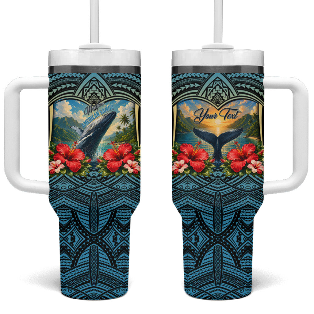 Personalized Masefau American Samoa Whale Tumbler With Handle Polynesian Tribal Pattern Tropical Hibiscus