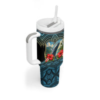 Personalized Masefau American Samoa Whale Tumbler With Handle Polynesian Tribal Pattern Tropical Hibiscus