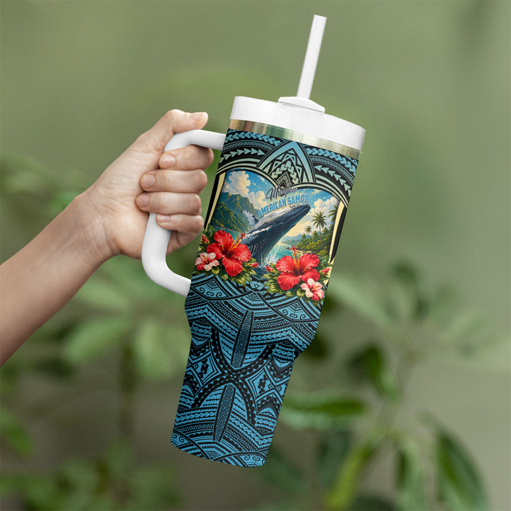 Personalized Masefau American Samoa Whale Tumbler With Handle Polynesian Tribal Pattern Tropical Hibiscus