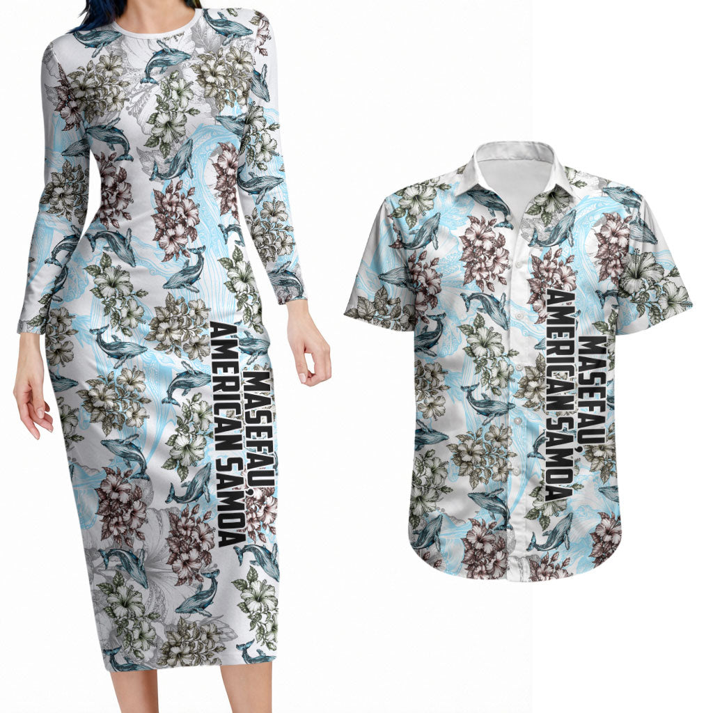 Personalized Masefau American Samoa Couples Matching Long Sleeve Bodycon Dress and Hawaiian Shirt Vintage Whale Hibiscus Ocean Waves