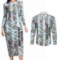 Personalized Masefau American Samoa Couples Matching Long Sleeve Bodycon Dress and Long Sleeve Button Shirt Vintage Whale Hibiscus Ocean Waves TS04 White Blue - Polynesian Pride