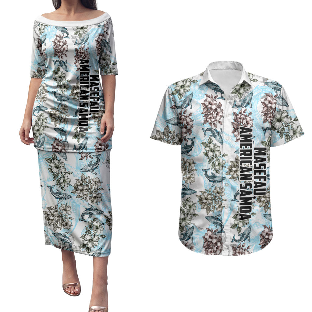 Personalized Masefau American Samoa Couples Matching Puletasi and Hawaiian Shirt Vintage Whale Hibiscus Ocean Waves TS04 White Blue - Polynesian Pride