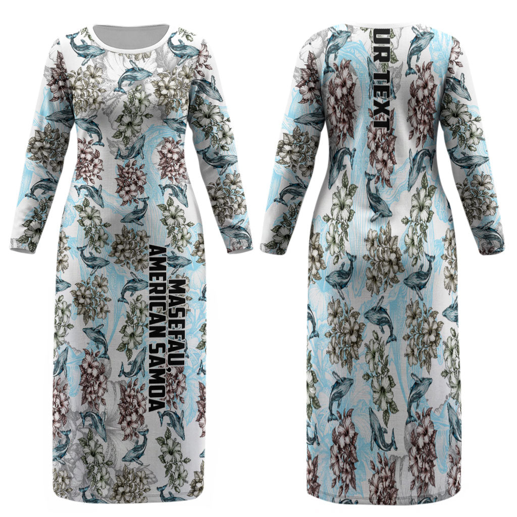 Personalized Masefau American Samoa Family Matching Long Sleeve Bodycon Dress and Hawaiian Shirt Vintage Whale Hibiscus Ocean Waves TS04 Mom's Dress White Blue - Polynesian Pride