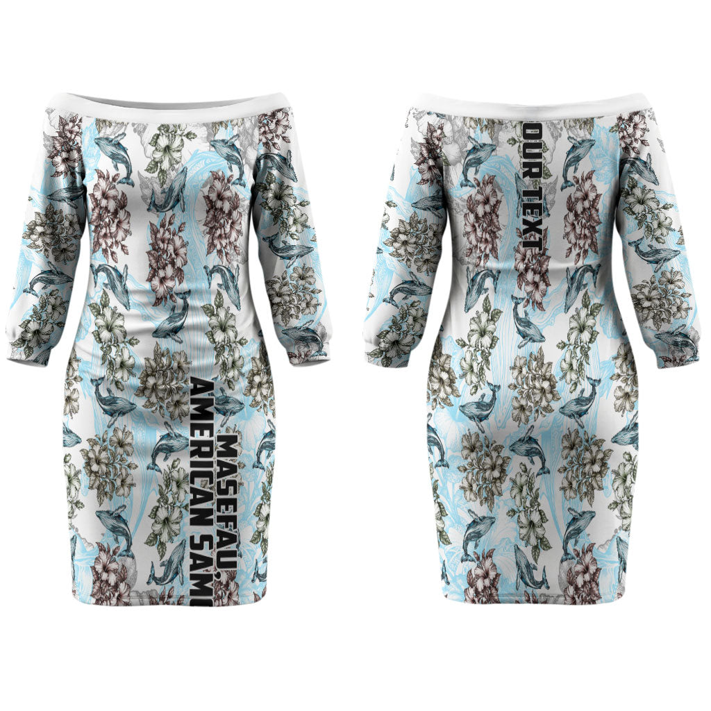 Personalized Masefau American Samoa Family Matching Off The Shoulder Long Sleeve Dress and Hawaiian Shirt Vintage Whale Hibiscus Ocean Waves TS04 Mom's Dress White Blue - Polynesian Pride