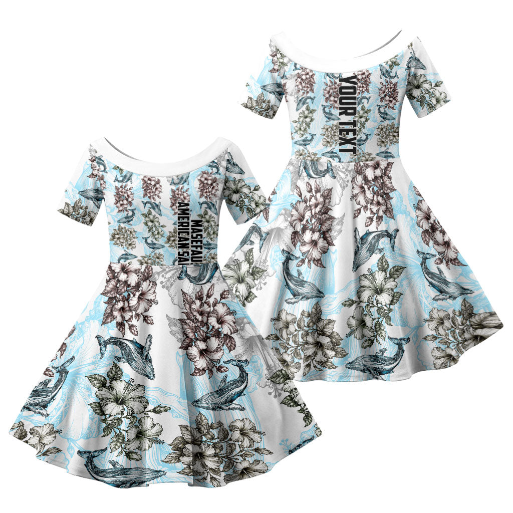 Personalized Masefau American Samoa Family Matching Off Shoulder Maxi Dress and Hawaiian Shirt Vintage Whale Hibiscus Ocean Waves TS04 Daughter's Dress White Blue - Polynesian Pride