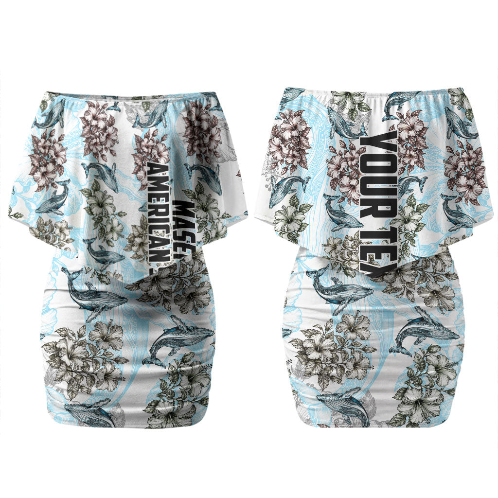Personalized Masefau American Samoa Family Matching Off Shoulder Short Dress and Hawaiian Shirt Vintage Whale Hibiscus Ocean Waves TS04 Mom's Dress White Blue - Polynesian Pride