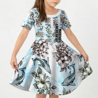 Personalized Masefau American Samoa Kid Short Sleeve Dress Vintage Whale Hibiscus Ocean Waves TS04 KID White Blue - Polynesian Pride
