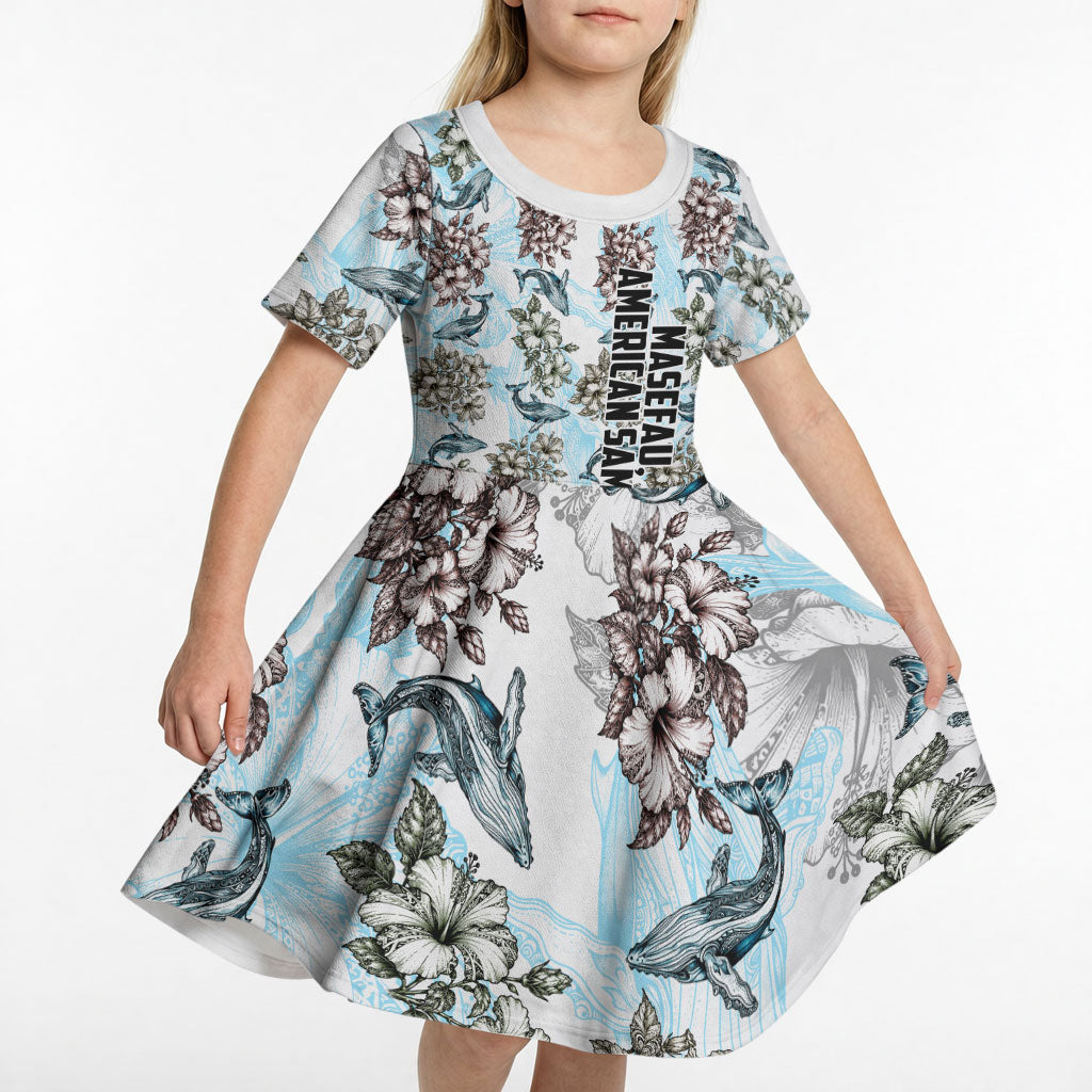 Personalized Masefau American Samoa Kid Short Sleeve Dress Vintage Whale Hibiscus Ocean Waves TS04 - Polynesian Pride