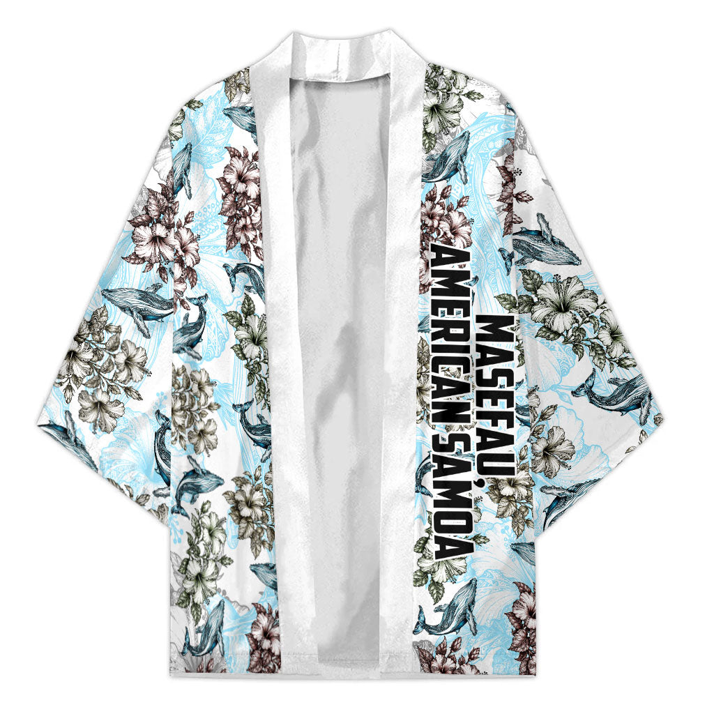 Personalized Masefau American Samoa Kimono Vintage Whale Hibiscus Ocean Waves TS04 Unisex White Blue - Polynesian Pride