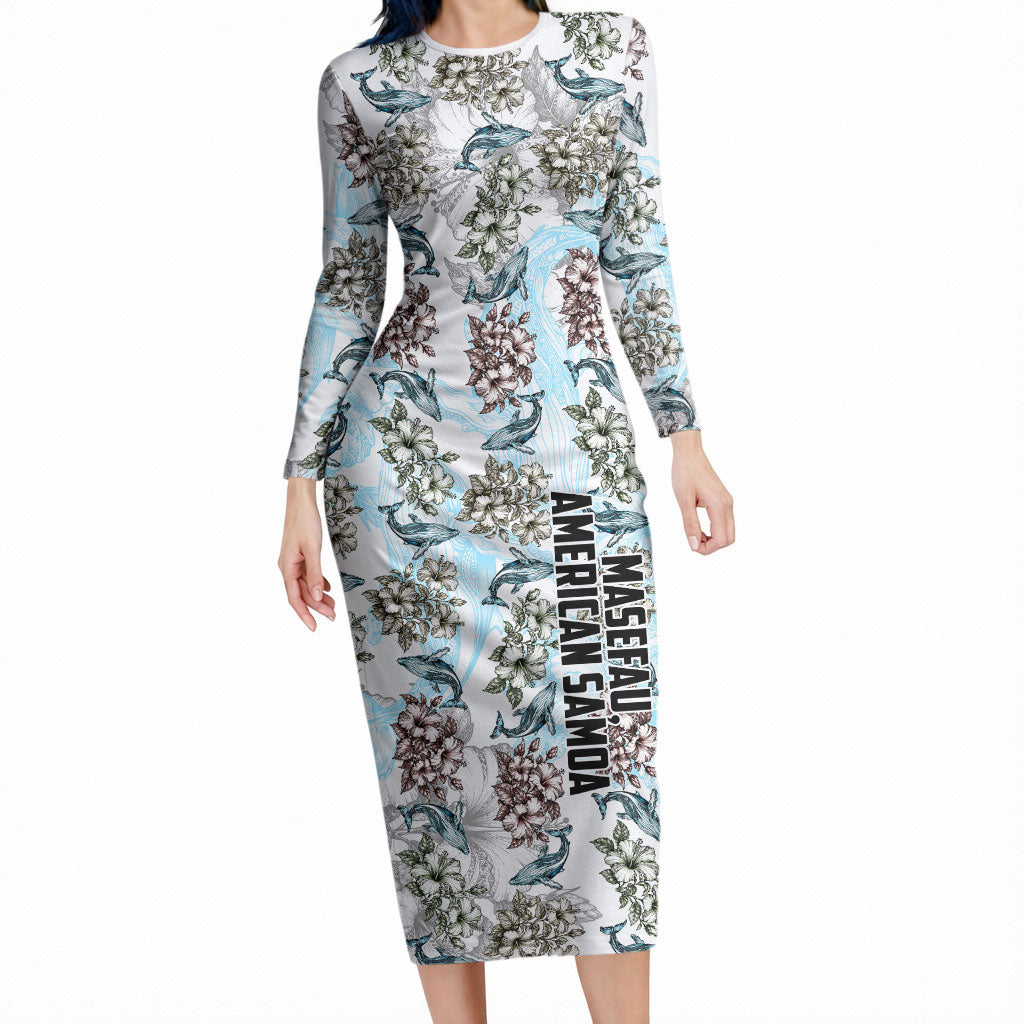 Personalized Masefau American Samoa Long Sleeve Bodycon Dress Vintage Whale Hibiscus Ocean Waves