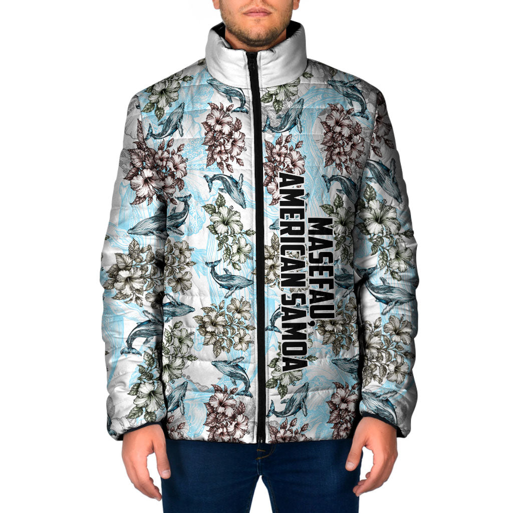 Personalized Masefau American Samoa Padded Jacket Vintage Whale Hibiscus Ocean Waves TS04 Men White Blue - Polynesian Pride
