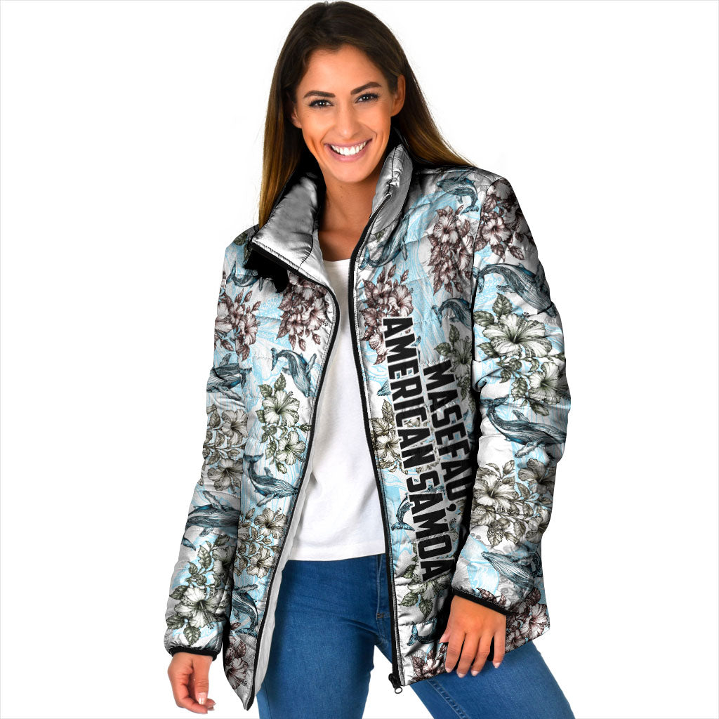 Personalized Masefau American Samoa Padded Jacket Vintage Whale Hibiscus Ocean Waves TS04 Women White Blue - Polynesian Pride