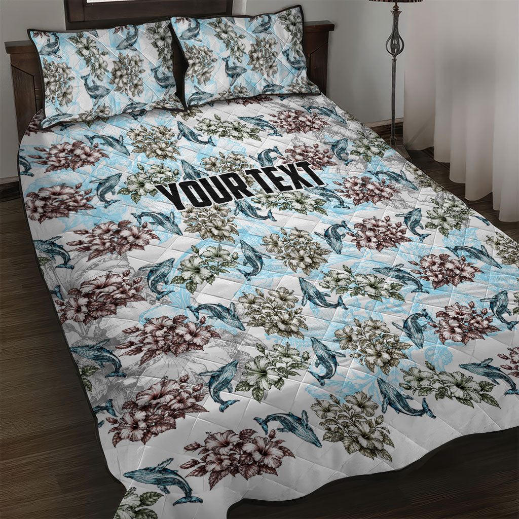 Personalized Masefau American Samoa Quilt Bed Set Vintage Whale Hibiscus Ocean Waves TS04 White Blue - Polynesian Pride