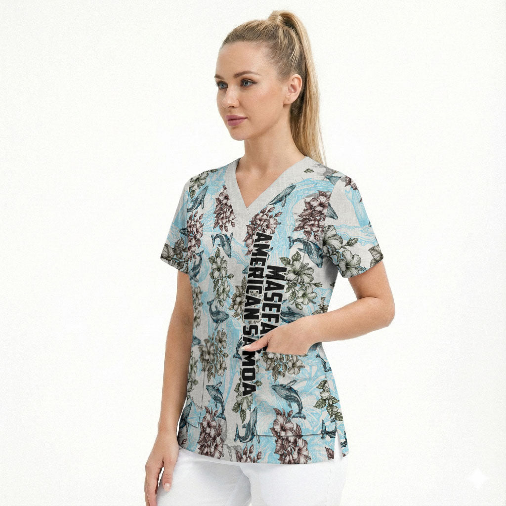 Personalized Masefau American Samoa Scrub Top Vintage Whale Hibiscus Ocean Waves TS04 - Polynesian Pride